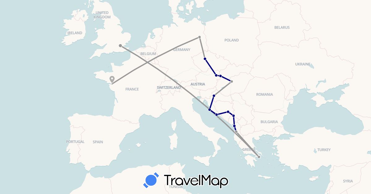 TravelMap itinerary: driving, plane in Albania, Austria, Bosnia and Herzegovina, Czech Republic, Germany, France, United Kingdom, Greece, Croatia, Hungary, Montenegro, Slovakia (Europe)