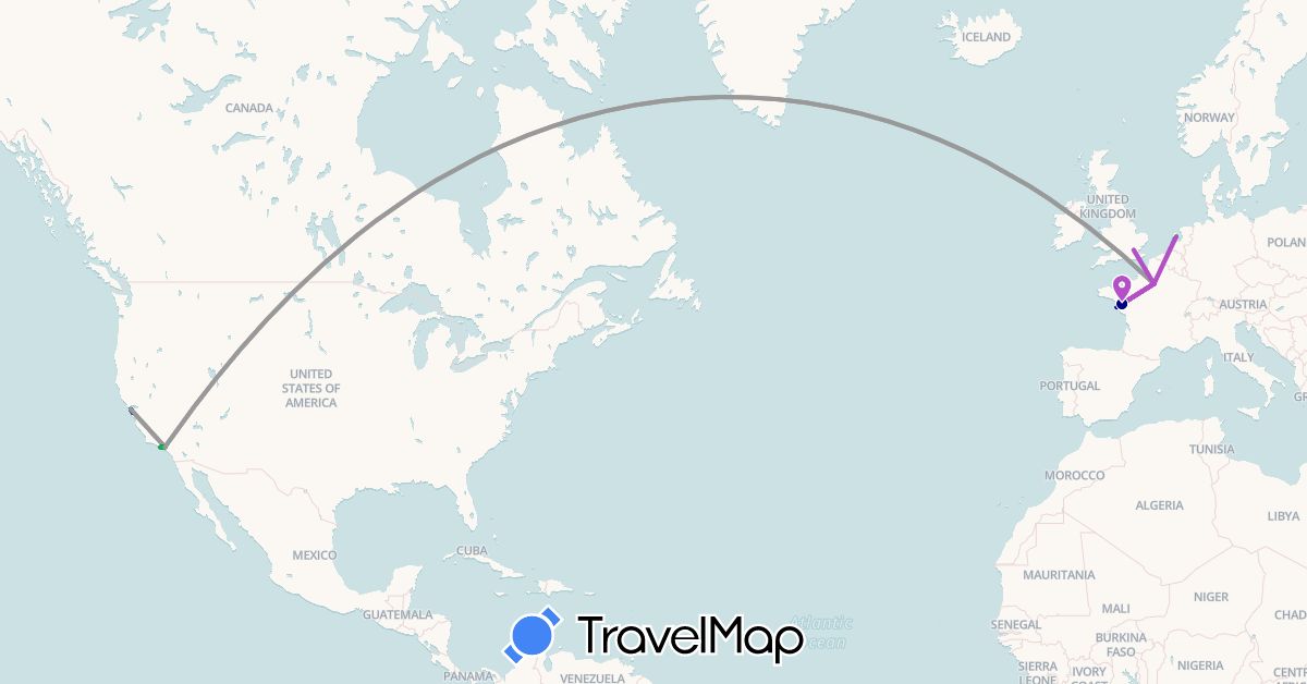TravelMap itinerary: driving, bus, plane, train in France, United Kingdom, Netherlands, United States (Europe, North America)